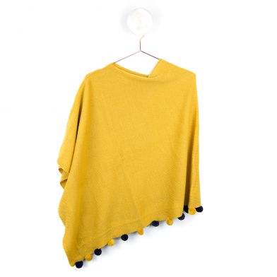 Mustard Poncho With Navy & Mustard Pom Poms