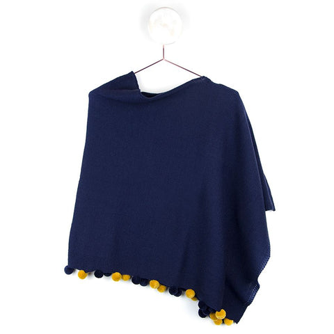 Blue Navy Poncho With Mustard & Navy Pom Poms