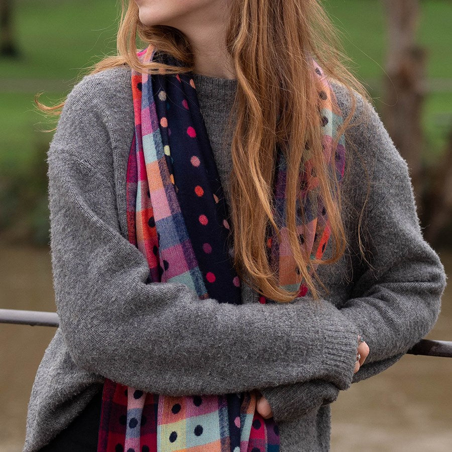 Blue Navy Reversible Multicoloured Spot & Check Scarf