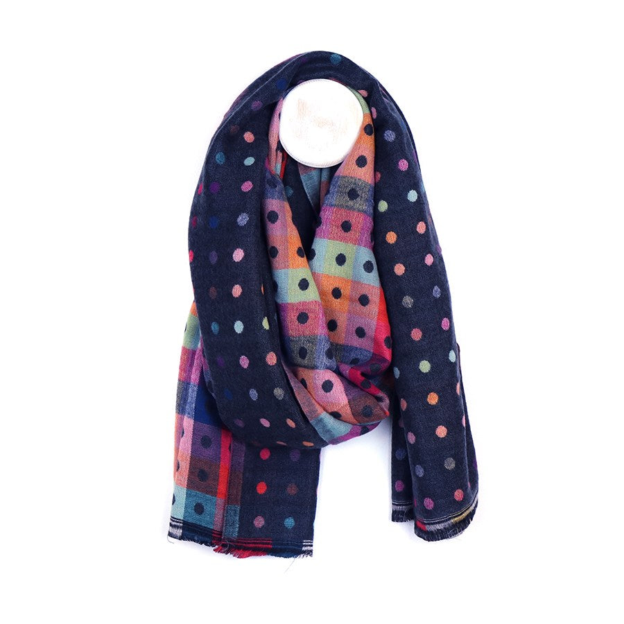 Blue Navy Reversible Multicoloured Spot & Check Scarf