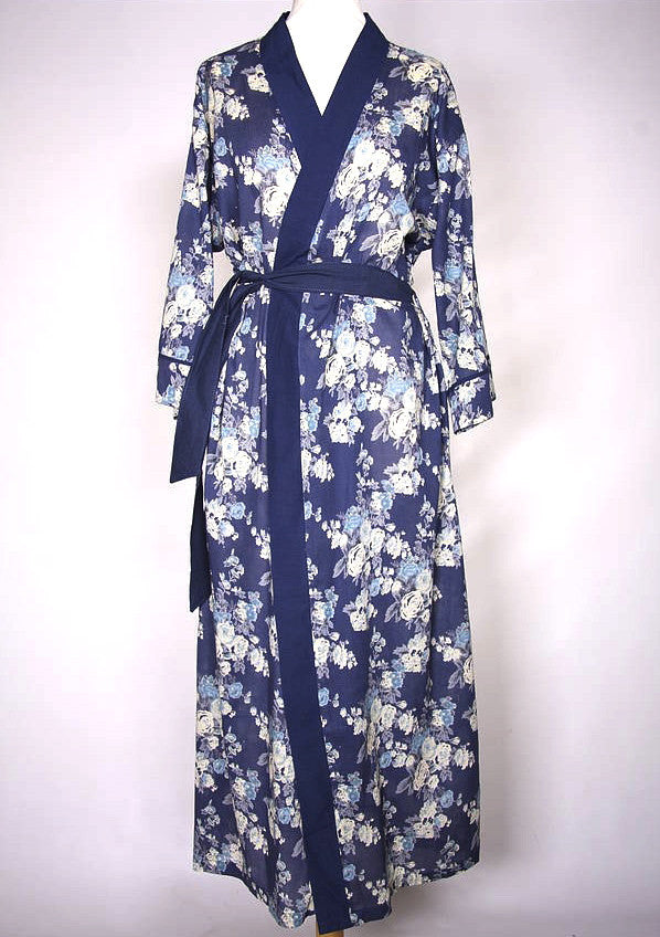 Dark Blue Rose Printed Long Kimono