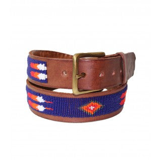 Blue/Orange Feather Beaded Leather Belt