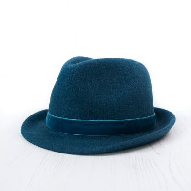 Blue Petrol Wool Hat With Velvet Trim