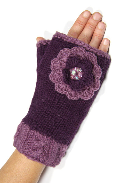 Plum Woollen Flower Handwarmers