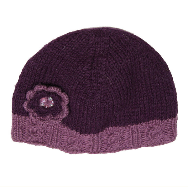 Plum Woollen Hat with Flower