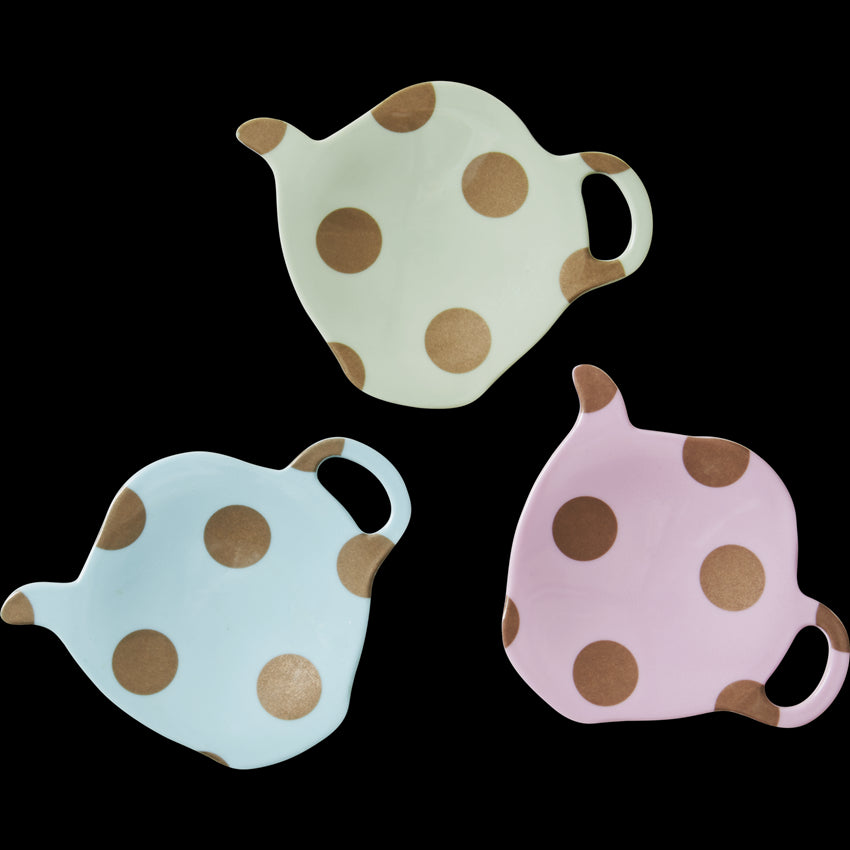 Melamine Tea Bag Plates with Gold Polka Dots