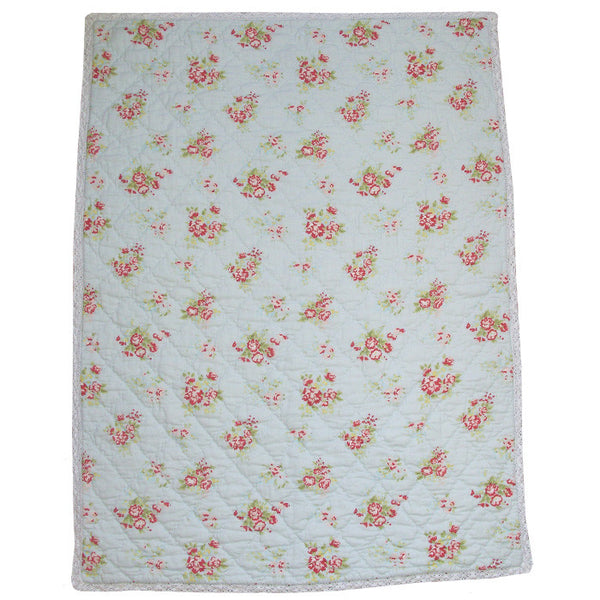 Blue Floral Cot Quilt with Lace Trim