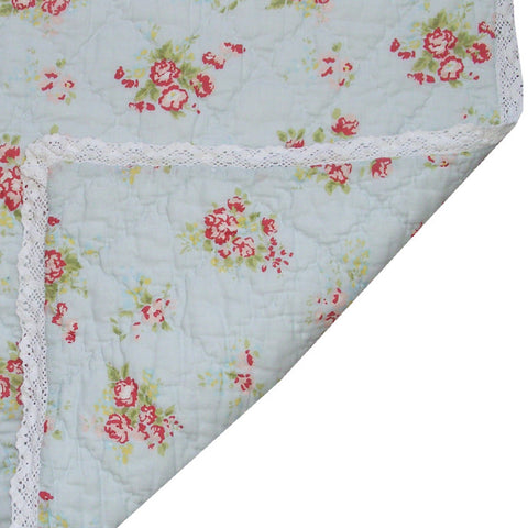 Blue Floral Cot Quilt with Lace Trim