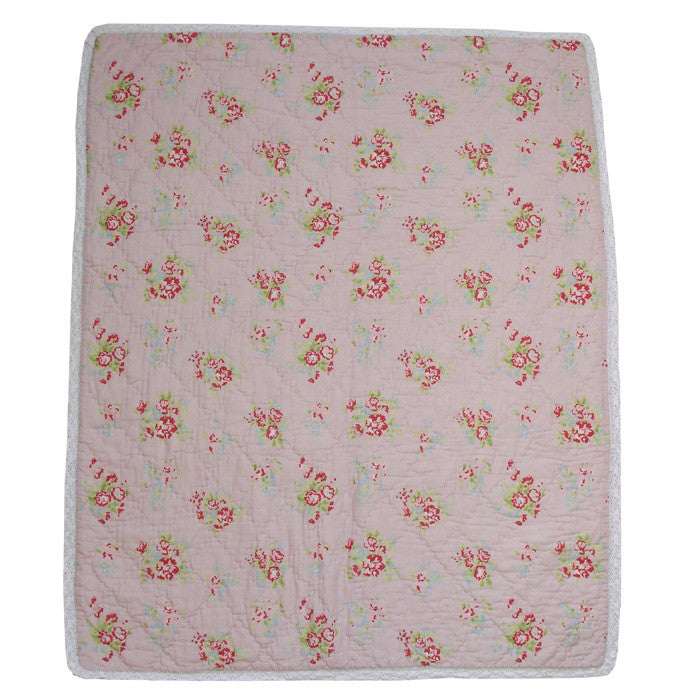 Pink Floral Cot Quilt with Lace Trim