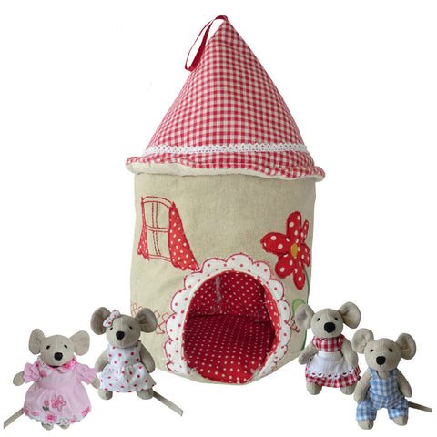 Patchwork & Embroidered Mouse House with Four Mice