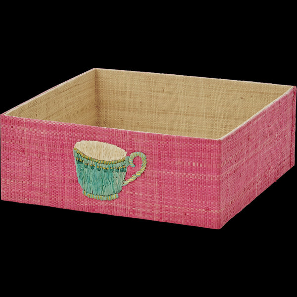 Pink Raffia Napkin Tray with Embroidered Tea Cup