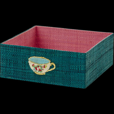Blue Raffia Napkin Tray with Embroidered Tea Cup