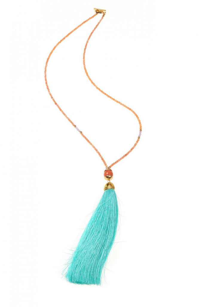 Aqua/Peach Rainbow Long Tassel Necklace