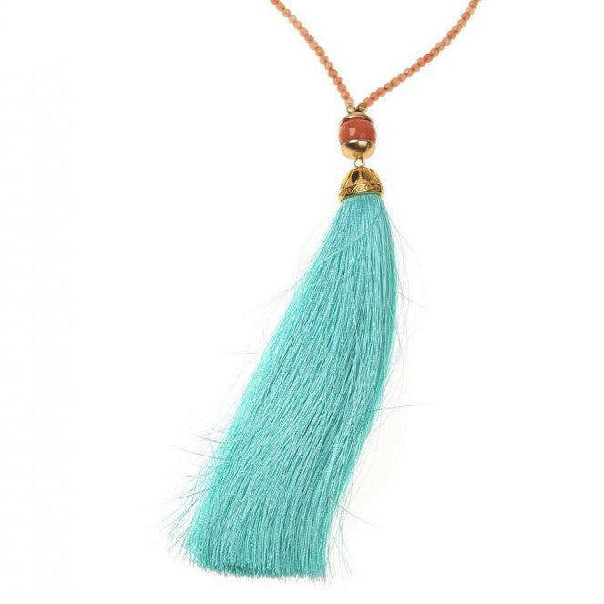 Aqua/Peach Rainbow Long Tassel Necklace