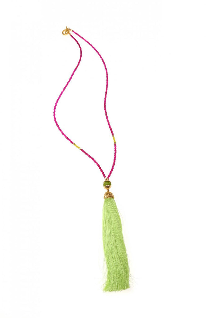 Yellow & Fuchsia Rainbow Long Tassel Necklace