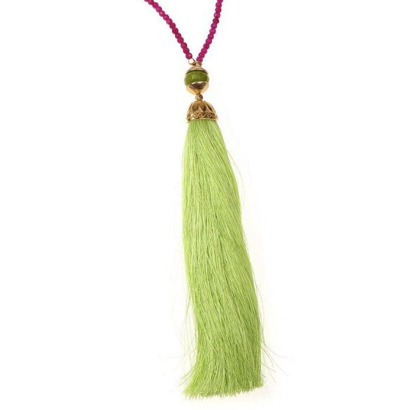 Yellow & Fuchsia Rainbow Long Tassel Necklace