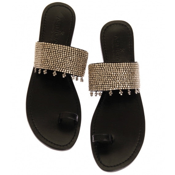Silver Luna Black Leather Toe Loop Sandals