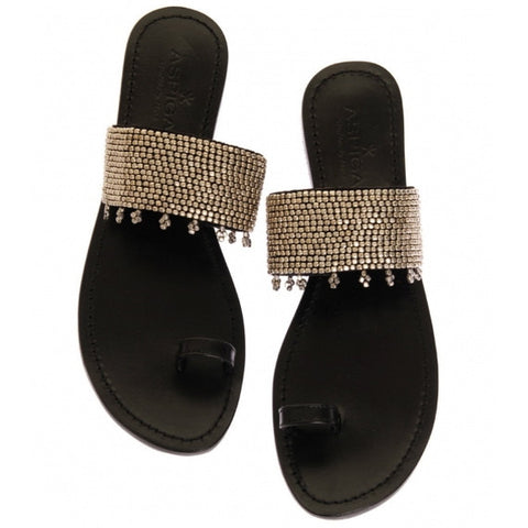 Silver Luna Black Leather Toe Loop Sandals