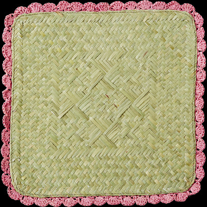 Pink Square Raffia Trivet with Crochet Border