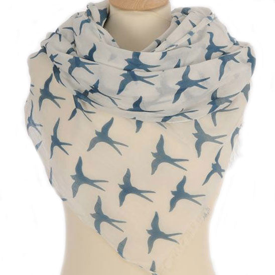 Blue Swallows on White Print Scarf