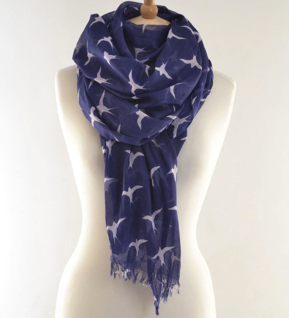 Blue Navy Swallows Print Scarf