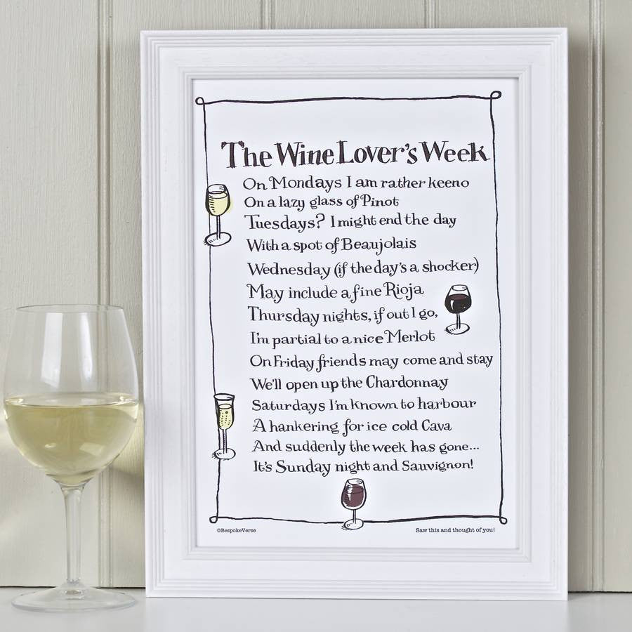 'The Wine Lover's Week' Poem Print