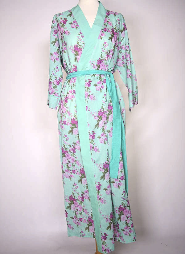 Turquoise Rose Printed Long Kimono