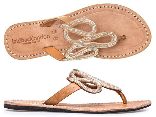 Silver Mid Brown Beaded Fletch Flat Leather Sandals