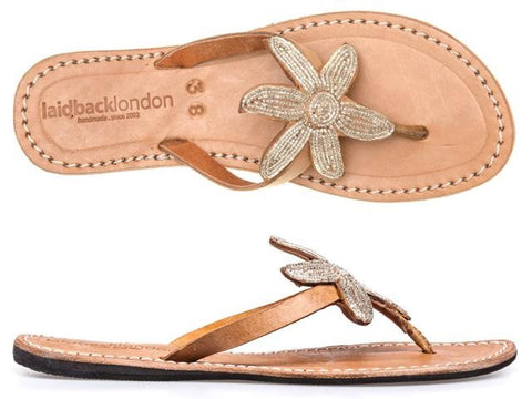 Silver Mid Brown Beaded Sanaa Flat Sandals