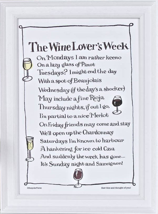 'The Wine Lover's Week' Poem Print