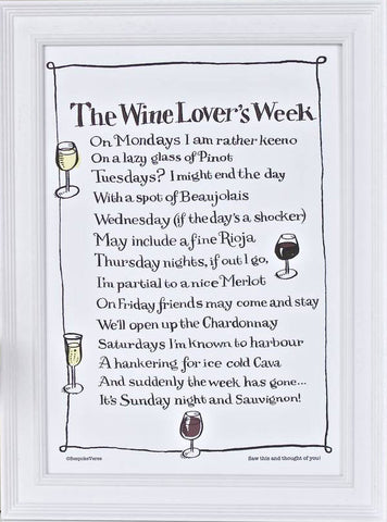 'The Wine Lover's Week' Poem Print