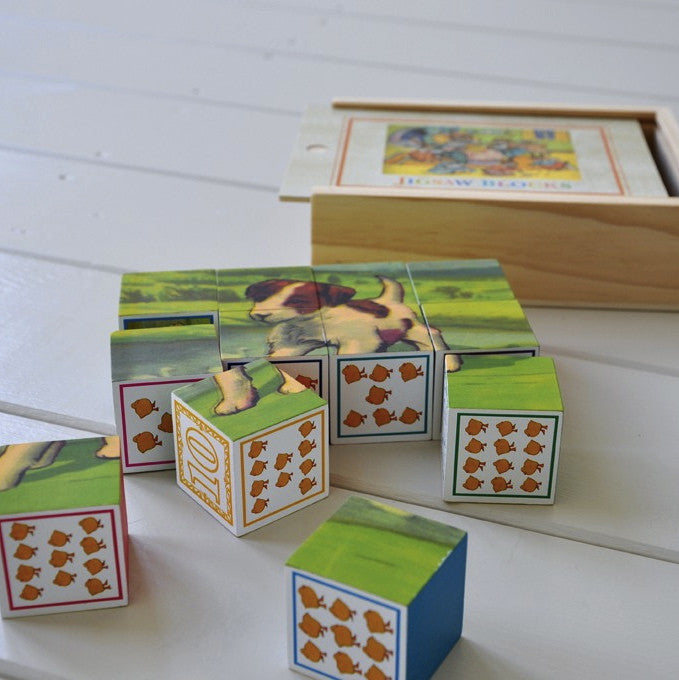 Box of Vintage Wooden Jigsaw Blocks